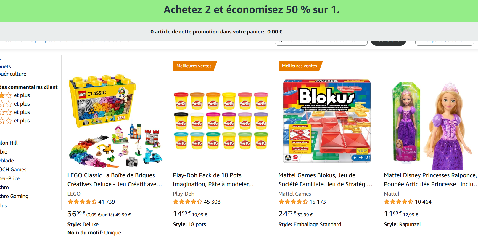 Promo Amazon jouets puériculture : 2 achetés le moins cher à 50% de réduction, exemples LEGO Play-Doh Barbie Beyblade, du 17 mars au 17 avril 2026.