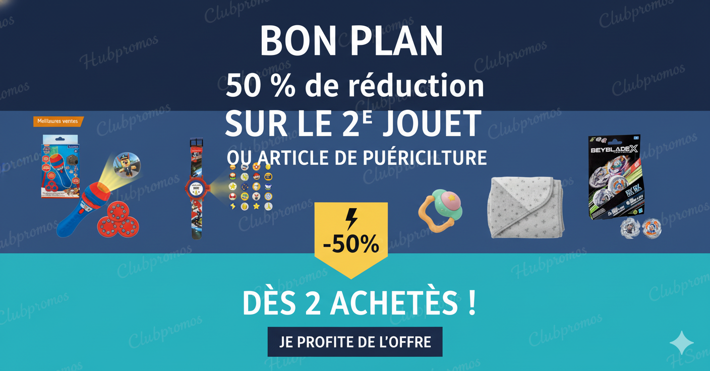 Promo Amazon jouets et puériculture, offre Achetez 2 et économisez 50 % sur 1 article, sélection de jouets Lexibook Disney Stitch, La Reine des Neiges, Spider-Man, tapis d’éveil Bright Starts et sièges auto Bebeconfort Disney pour enfants et bébés, bon plan Amazon pour préparer cadeaux et équipement bébé à prix réduit.