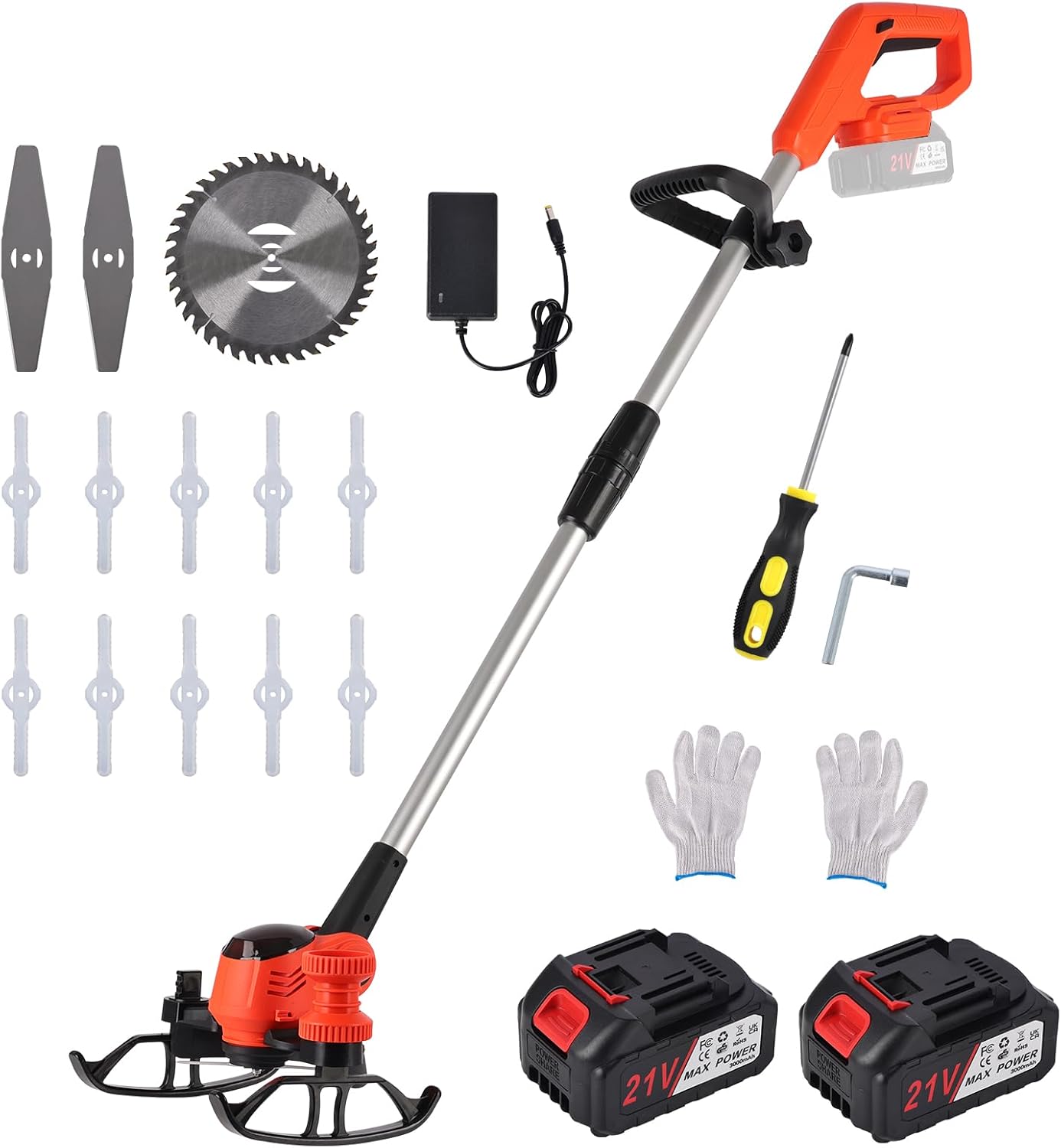  Débroussailleuse sans fil 21V Pureluxe – 3000 tr/min, avec 2 batteries 3.0 AH et 3 types de lames, pour jardin, pelouse, et parterres.