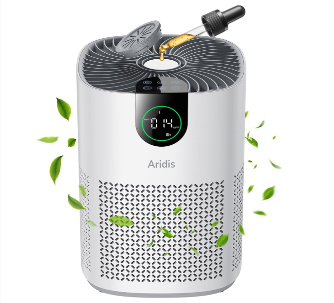 Purificateur d’air Aridis S-Mini pour chambre avec filtre HEPA 3 niveaux, charbon actif, 3 vitesses, mode silencieux moins de 25 dB, éponge parfumée, verrouillage enfant et consommation 7 W, proposé à 37,99€ sur Amazon