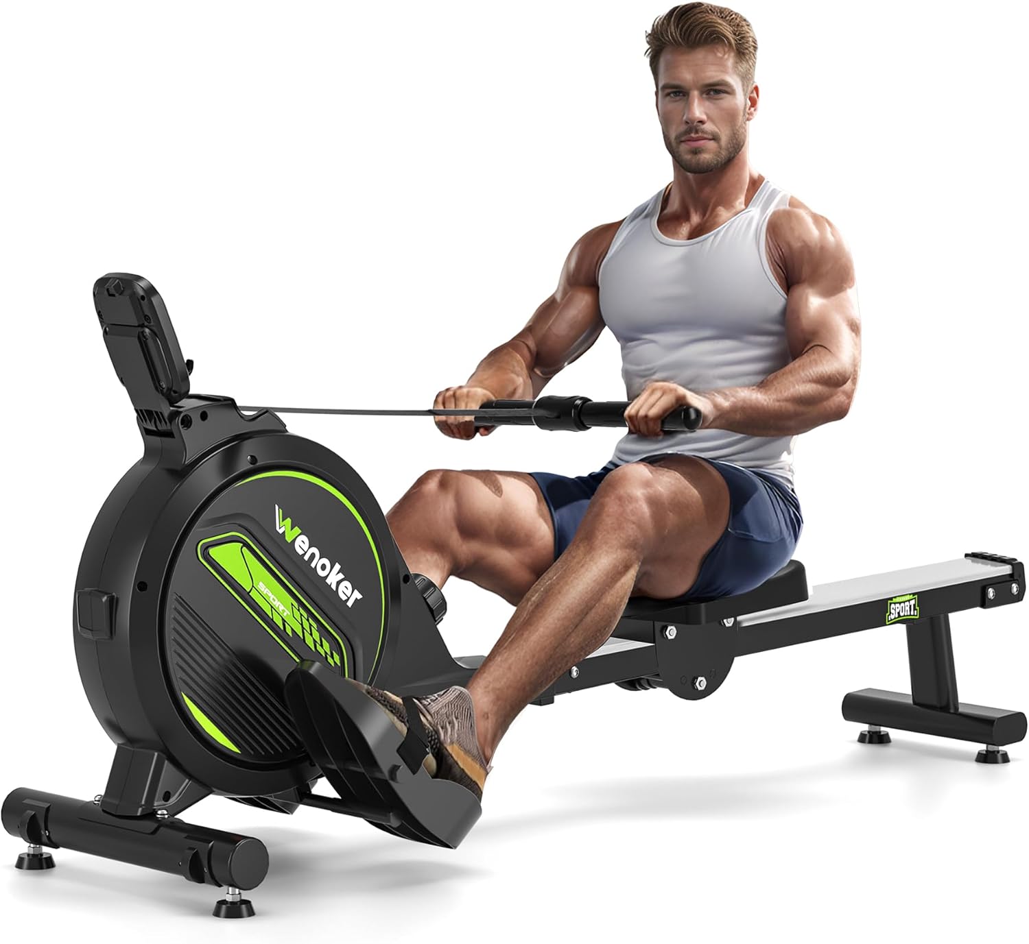 Rameur magnétique Wenoker H300 noir avec résistance magnétique fluide, structure pliable, écran LCD et support tablette – modèle silencieux pour entraînement maison, bon plan Amazon à 149,80€