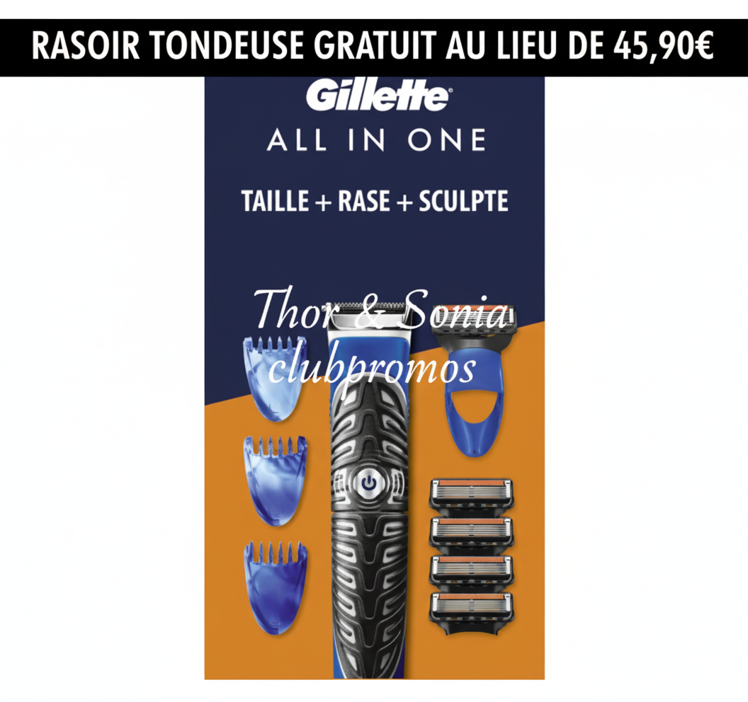 Rasoir Tondeuse Gillette All-in-one 45,90€ — revient gratuit via 32,13€ cagnotte + 16€ en bon d’achat Carrefour (10–12/10).