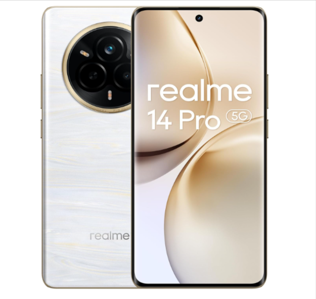  Smartphone realme 14 Pro 5G avec écran incurvé 120 Hz, appareil photo Sony IMX882 50 MP, batterie 5260 mAh et design réactif au froid.
