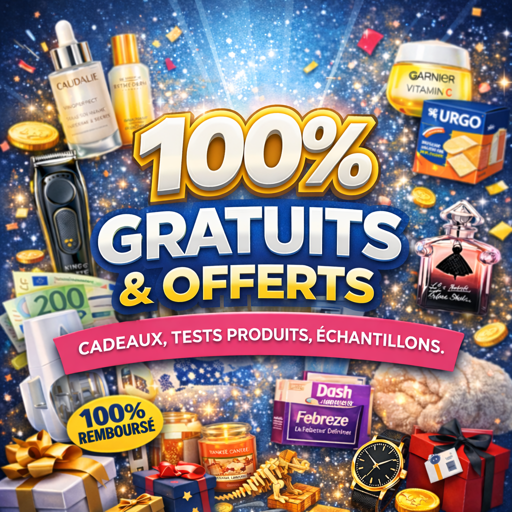 Récapitulatif des bons plans gratuits février 2026 : tests produits beauté et santé (Caudalie, Yves Rocher, L'Oréal, Garnier, URGO), offres 100% remboursées (Febreze, Dash, Gillette), échantillons gratuits (Always, Guerlain) et cadeaux offerts (Linvosges, Becquet, Daxon, Blanche Porte)