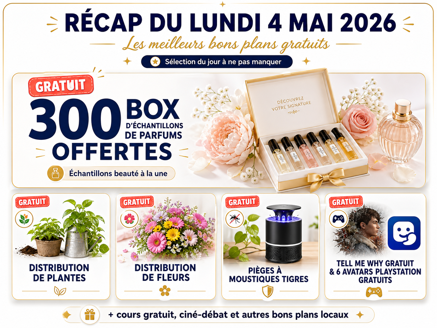 Récap du lundi 4 mai 2026 des meilleurs bons plans gratuits avec mise en avant des 300 box d’échantillons de parfums offertes, distributions gratuites de plantes et de fleurs, pièges à moustiques tigres, Tell Me Why gratuit, avatars PlayStation offerts, cours gratuit, ciné-débat et autres offres locales à ne pas manquer.