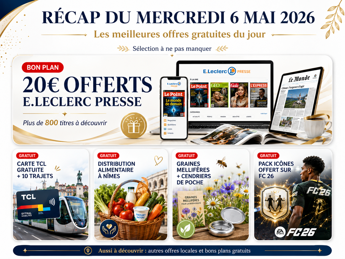 Récap du mercredi 6 mai 2026 des meilleurs bons plans gratuits avec 20€ offerts sur E.Leclerc Presse, carte TCL gratuite avec trajets offerts, distribution alimentaire gratuite à Nîmes, graines mellifères et cendriers de poche offerts, pack icônes FC 26 gratuit et autres offres gratuites du jour.
