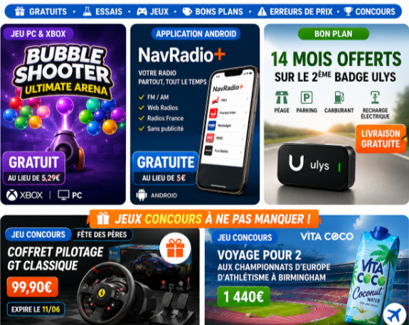 Visuel ClubPromos présentant la liste des bons plans du mardi 9 juin 2026 avec Bubble Shooter Ultimate Arena gratuit sur Xbox et PC, l'application NavRadio+ gratuite sur Android, 14 mois offerts sur le deuxième badge Ulys avec livraison gratuite ainsi que des jeux concours permettant de gagner un coffret pilotage GT et un voyage aux Championnats d'Europe d'athlétisme.