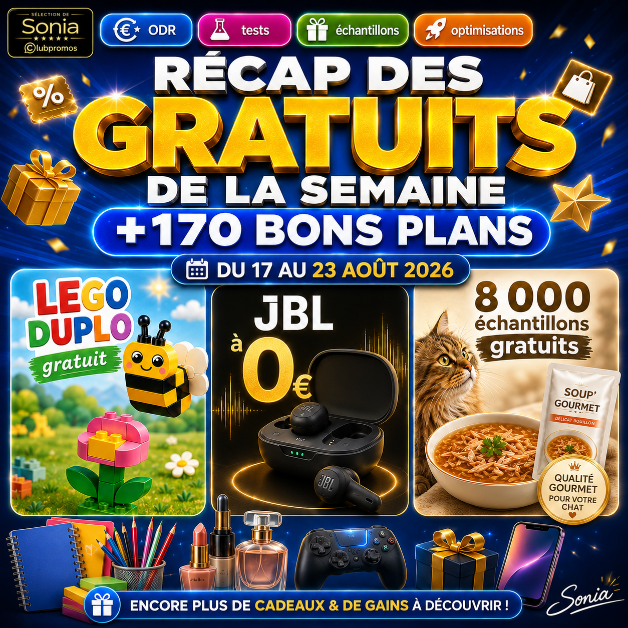 Récap des gratuits du 17 au 23 août 2026 avec plus de 170 bons plans, LEGO DUPLO gratuit, JBL Vibe Flex 2 gratuit et 8 000 échantillons gratuits