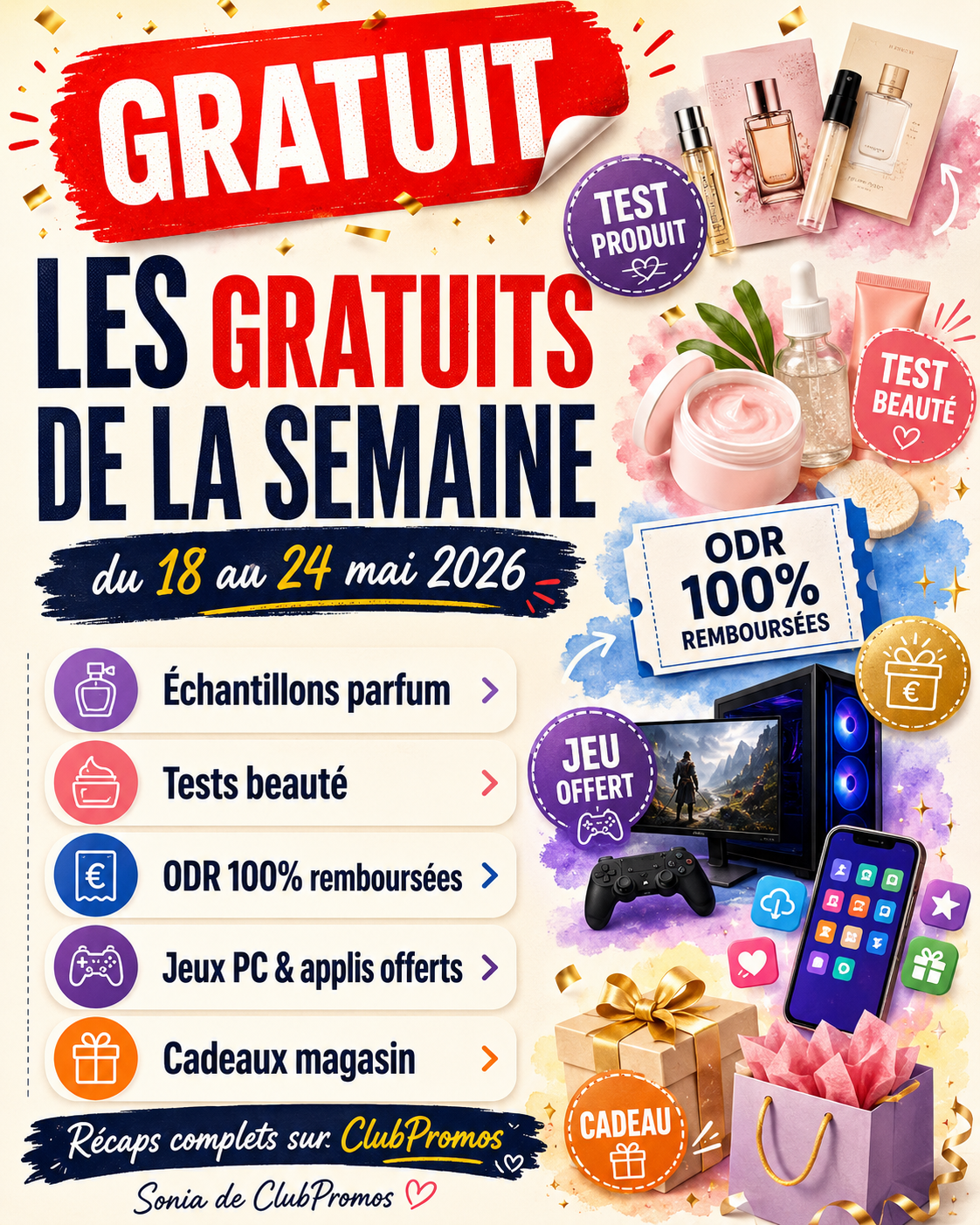 Visuel récapitulatif des bons plans gratuits de la semaine du 18 au 24 mai 2026 sur ClubPromos, avec échantillons parfum, tests beauté, ODR 100% remboursées, jeux PC gratuits, applis offertes et cadeaux à récupérer, sélection préparée par Sonia de ClubPromos.