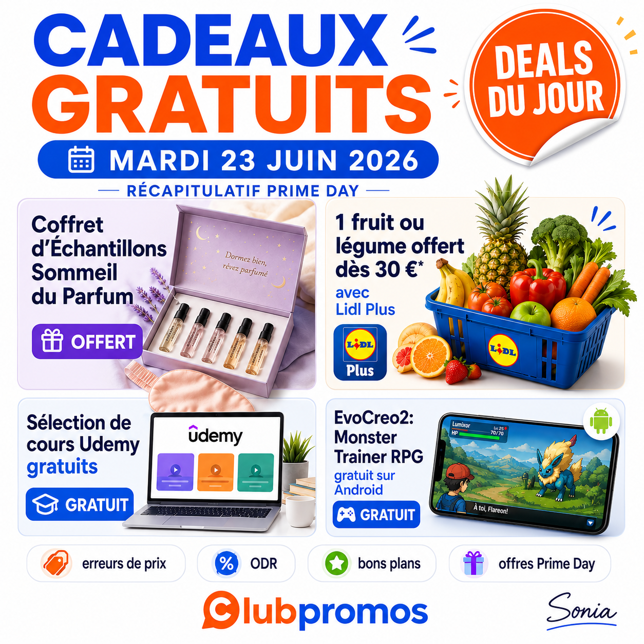 Visuel ClubPromos du mardi 23 juin 2026 spécial récapitulatif Prime Day mettant en avant un coffret d’échantillons Sommeil du Parfum offert, un fruit ou légume offert avec Lidl Plus, une sélection de cours Udemy gratuits, EvoCreo2 gratuit sur Android, ainsi que des erreurs de prix, ODR, bons plans et offreVisuel ClubPromos du mardi 23 juin 2026 spécial récapitulatif Prime Day mettant en avant un coffret d’échantillons Sommeil du Parfum offert, un fruit ou légume offert avec Lidl Plus, une sélection de cours Udemy gratuits, EvoCreo2 gratuit sur Android, ainsi que des erreurs de prix, ODR, bons plans et offres Prime Day.s Prime Day.