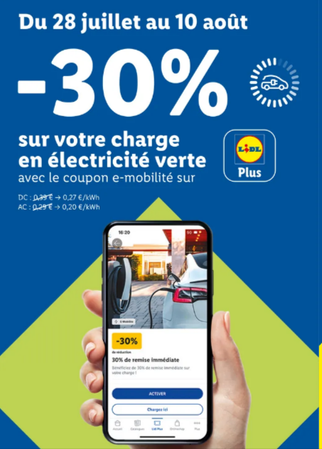 Recharge de véhicule électrique chez Lidl – Offre promotionnelle du 28 juillet au 6 août avec 30 % de réduction sur l’électricité verte en magasin