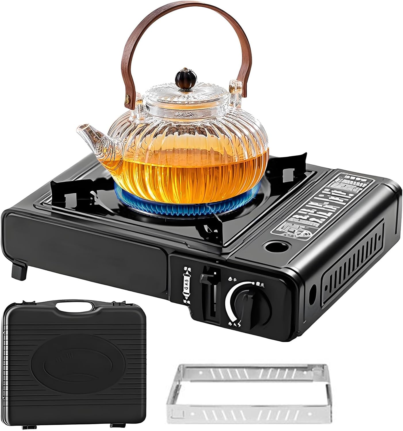Réchaud de camping portable à 3,91€ sur Amazon, brûleur de randonnée avec étui de transport, anneau de vent, structure en acier au carbone, flamme réglable, allumage instantané et format pratique pour camping, pêche, pique-nique, barbecue et cuisson en extérieur.