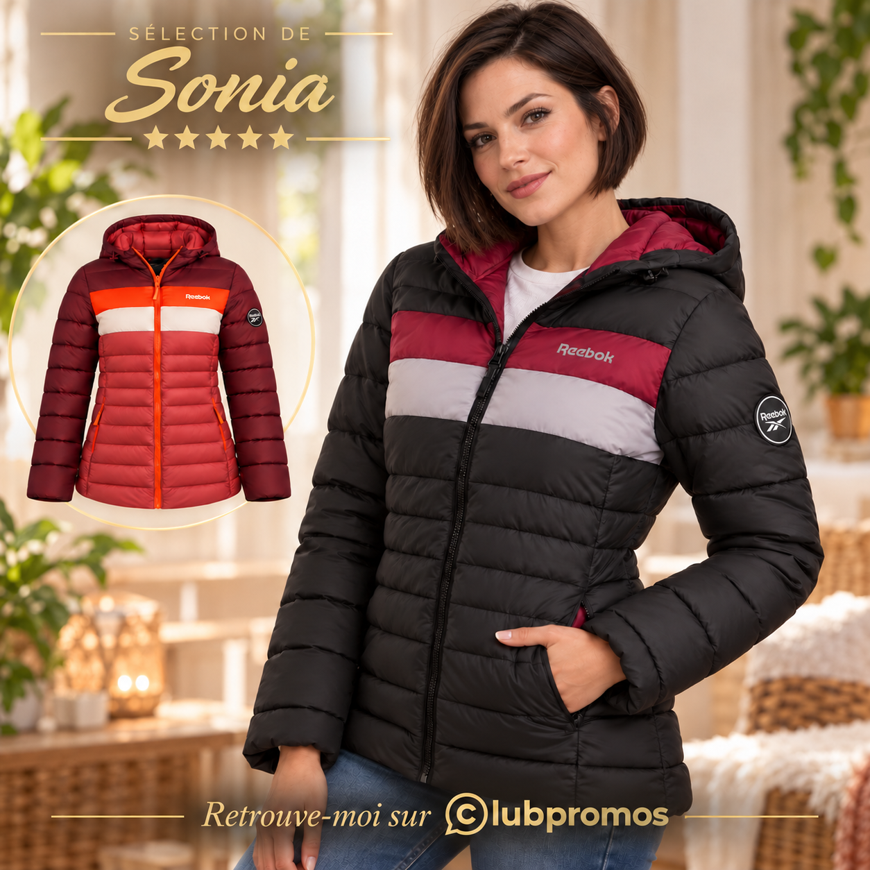 Doudoune femme Reebok Glacier Shield avec capuche, isolation synthétique et poches zippées, disponible en terracotta ou noir à 29,36 € avec le code FLASH11.