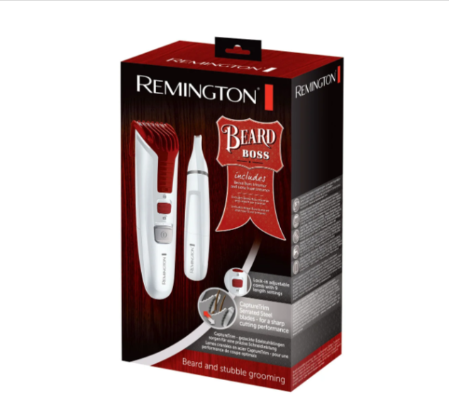 Coffret cadeau tondeuse barbe Remington Beard Boss avec accessoires – promo Lidl à 14,99€ au lieu de 51,99€, lames CaptureTrim en acier inoxydable, tondeuse nez/oreilles incluse.