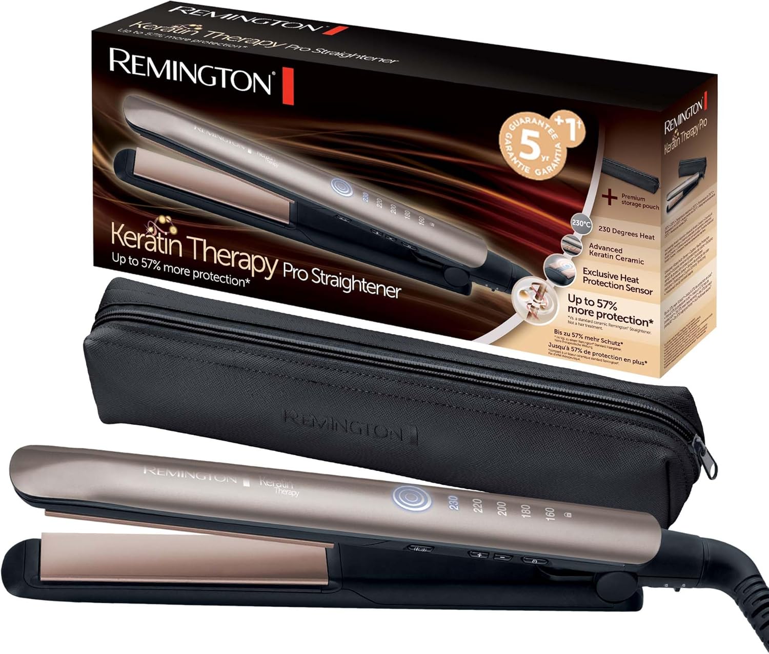 Remington Lisseur Cheveux S8593 Keratin Therapy avec capteur protection chaleur, revêtement céramique kératine & huile d’amande, écran LCD 5 températures 160-230°C, système amortissement, arrêt automatique, pochette thermorésistante, fer à lisser à 24,99€ sur Amazon.
