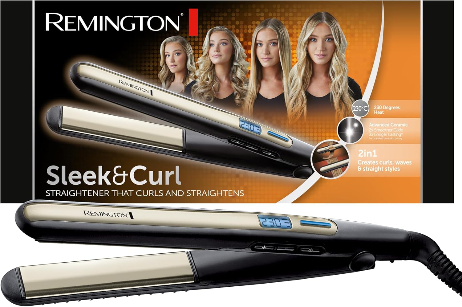  : Lisseur cheveux Remington S6500 2-en-1 Sleek & Curl – céramique, température réglable, plaques longues