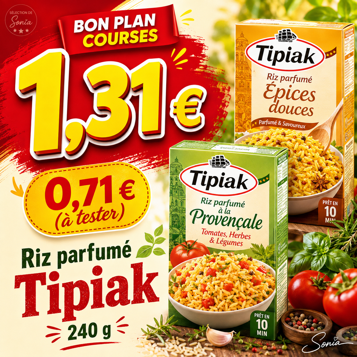 Riz parfumé Tipiak 240 g à 1,31 €, avec une optimisation permettant de descendre jusqu’à 0,71 € à tester