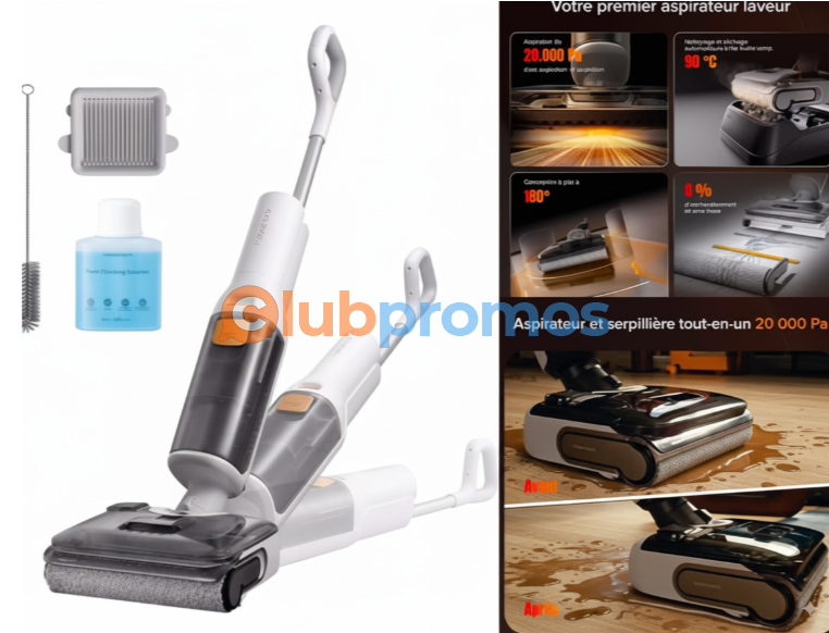 Roborock F25 GT aspirateur laveur sans fil 20 kPa, auto-nettoyage et séchage à 90 °C, tête à plat 180°, sols durs