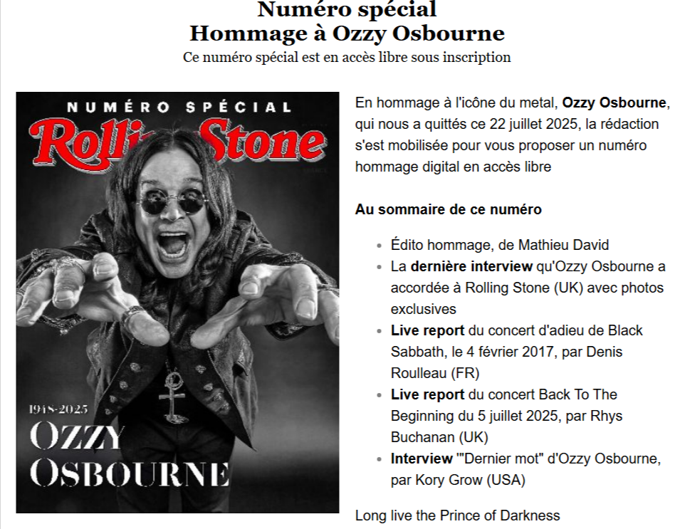 Couverture du numéro spécial Rolling Stone en hommage à Ozzy Osbourne (2025) avec le Prince of Darkness en noir et blanc, titres des articles exclusifs et logo Rolling Stone