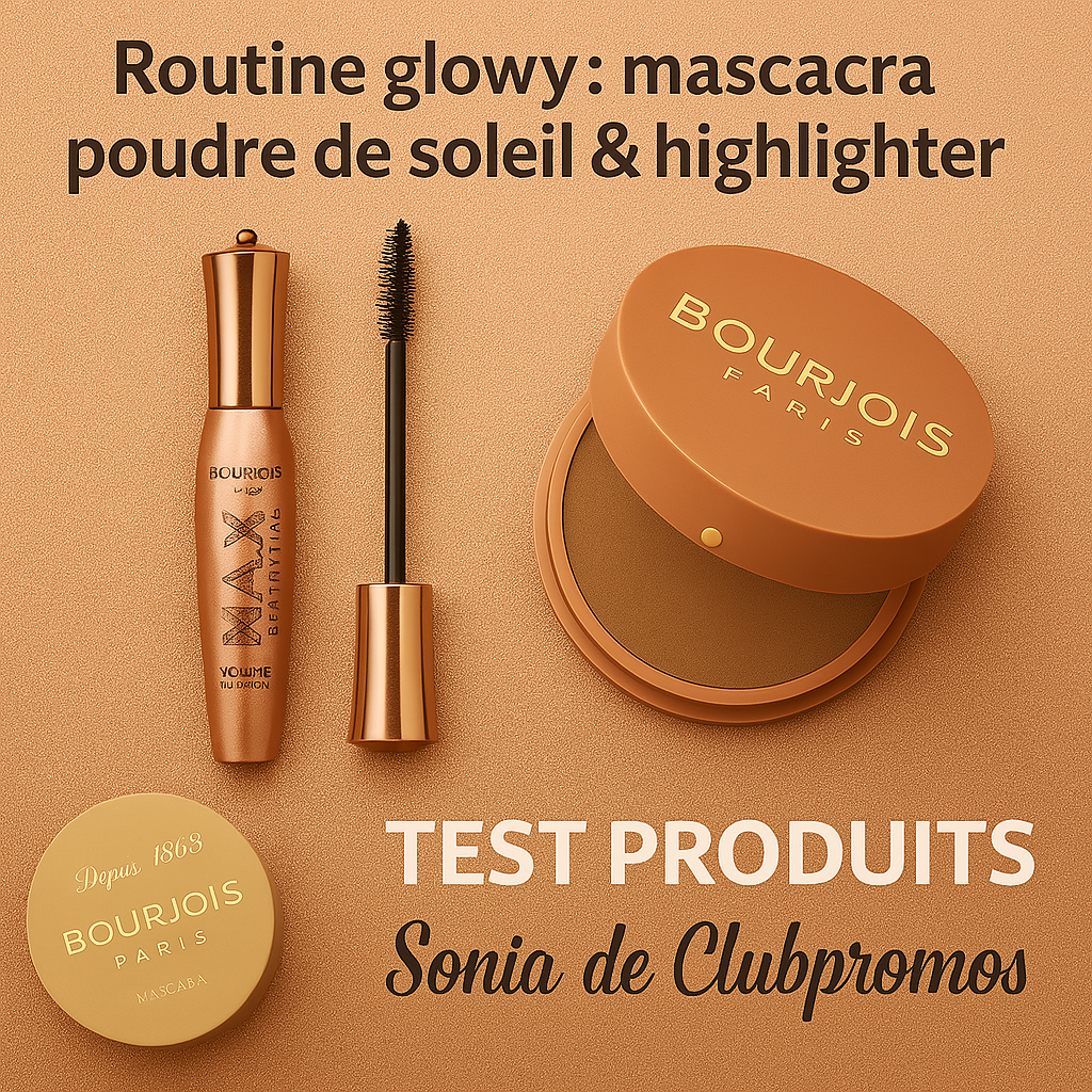 Visuel de la routine beauté glowy Bourjois avec le mascara Volume Glamour Max Définition, la poudre de soleil et l'highlighter, présentés dans le cadre de la campagne Sampleo pour un teint lumineux et un regard sublimé.