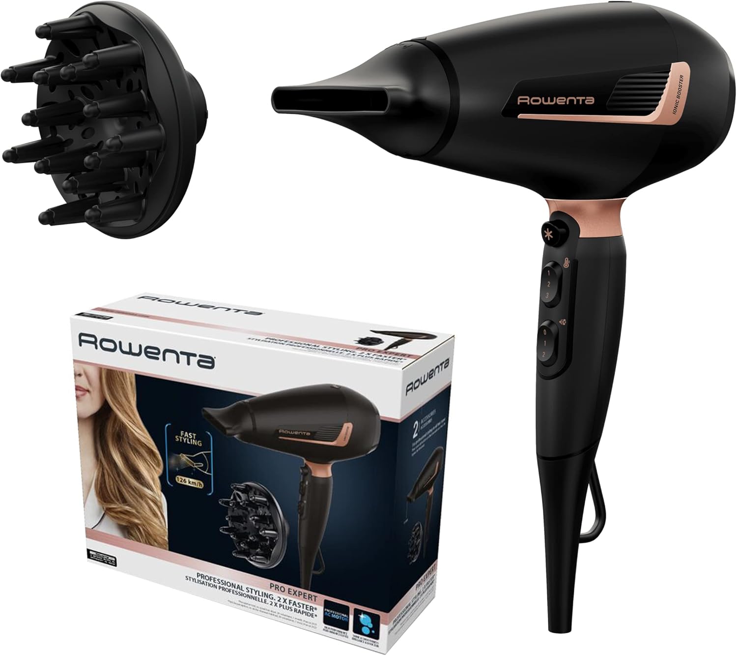 Sèche-cheveux professionnel Rowenta Pro Expert CV8830F0 – moteur AC 2200W, ionique, diffuseur boucles et concentrateur brushing, disponible sur Amazon
