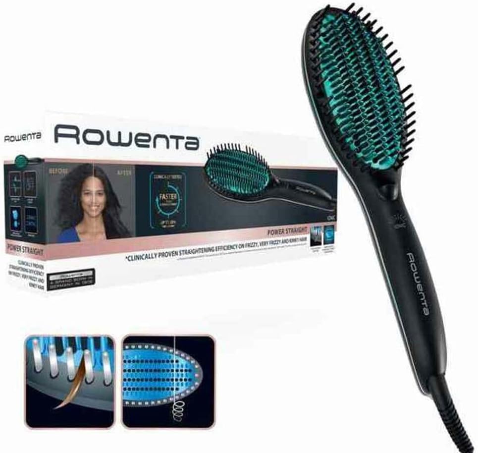  Brosse lissante Rowenta Power Straight CF5820F0 avec technologie 3-en-1, céramique et générateur d’ions, spéciale cheveux frisés et bouclés, température réglable jusqu’à 200 °C.