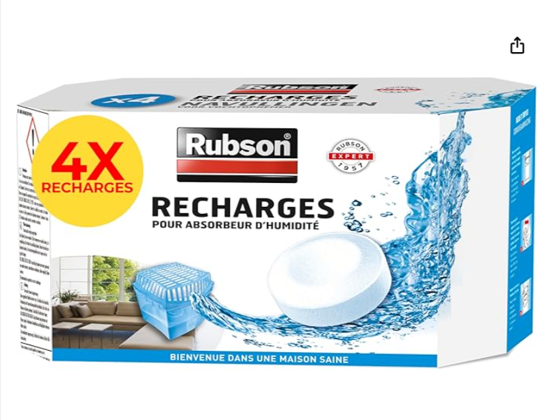 Lot de 4 recharges Rubson pour absorbeur d’humidité Basic, parfum neutre, anti-humidité et anti-odeur, ultra absorbantes