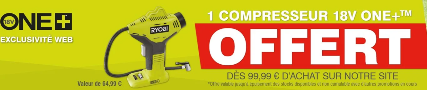 Promotion Ryobi : compresseur sans fil One+ 18V offert dès 99,99€ d’achats sur le site officiel Ryobi – valeur 64,99€, idéal pour pneus, ballons et bricolage – bon plan outillage septembre 2025