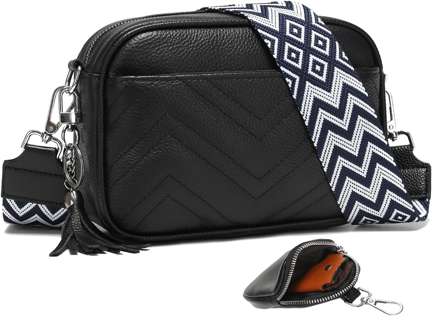 Petit sac bandoulière femme KUNKUN en cuir véritable avec bandoulière large réglable, porte‑monnaie amovible, trois poches zippées, noir, léger et pratique – bon plan Amazon à 7,99 €