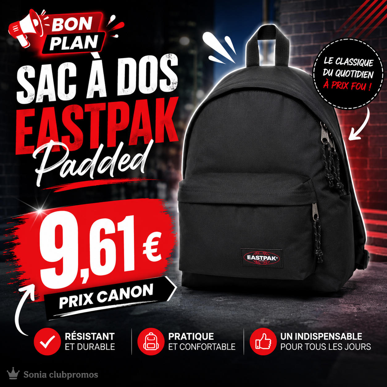 Sac à dos Eastpak Padded proposé chez Carrefour à 32,03 €, revenant à 9,61 € après 22,42 € remboursés en deux bons d’achat.