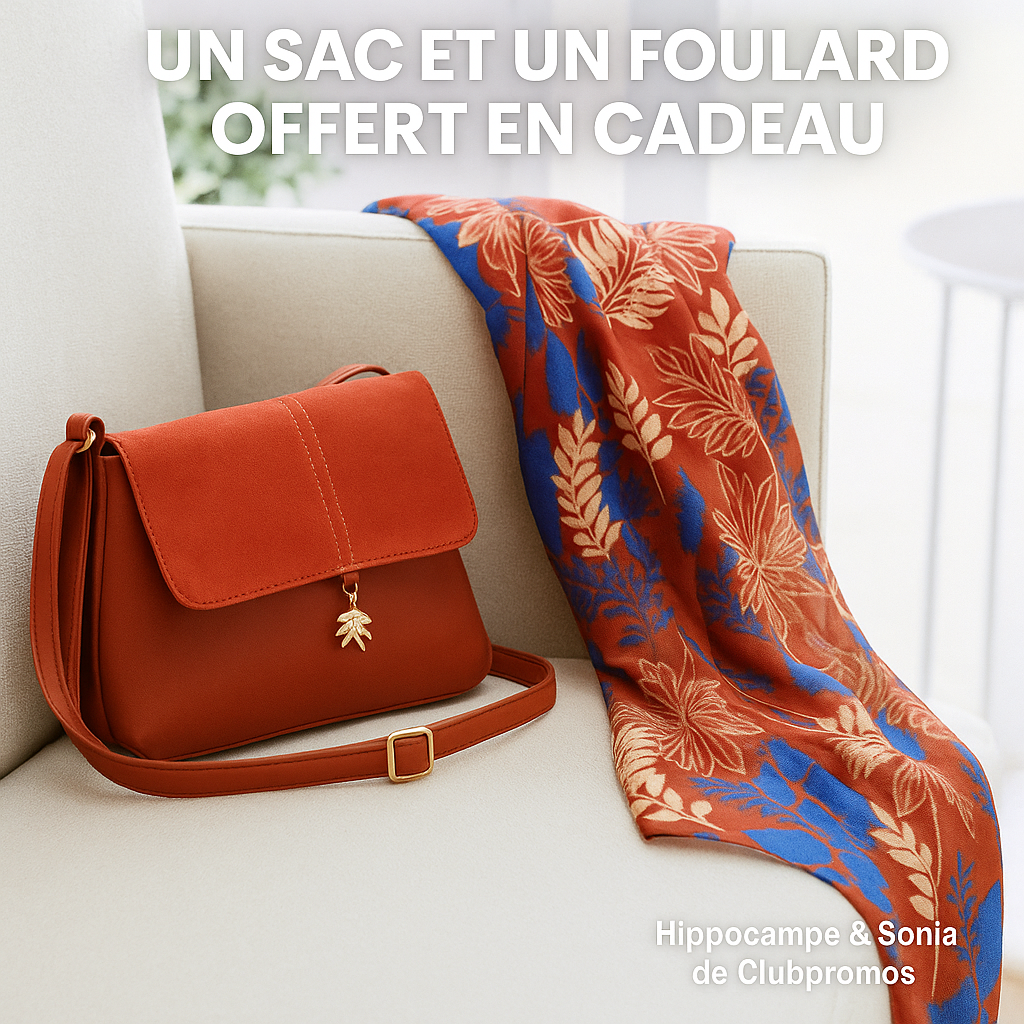 Sac bandoulière terracotta et foulard fleuri offerts en cadeau chez Witt, visuel promotionnel signé Clubpromos, bon plan accessoires mode femme.