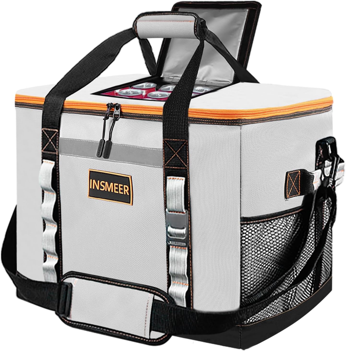 Sac isotherme XXL INSMEER 48L gris, grand sac isotherme étanche avec ouverture rapide sur le dessus, mousse EPE 5 mm, doublure PEVA, capacité 65 canettes, bandoulière réglable, poches filet, décapsuleur intégré, bon plan Amazon à 28€ au lieu de 42,99€.