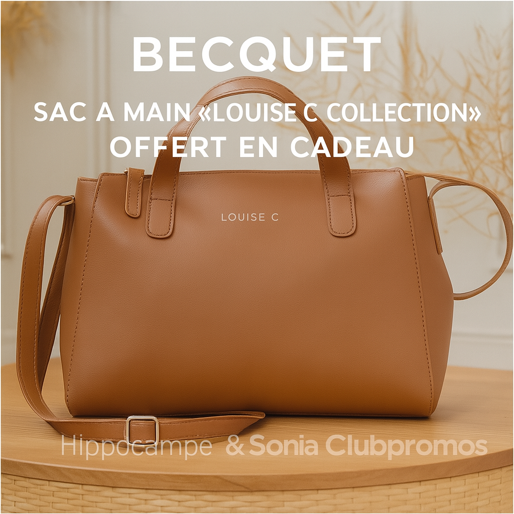 Visuel carré du sac à main caramel Louise C Collection offert en cadeau chez Becquet, posé sur une table ronde en bois clair, fond intérieur épuré, texte promotionnel sac à main offert avec signature Hippocampe & Sonia Clubpromos – bon plan mode élégant et exclusif