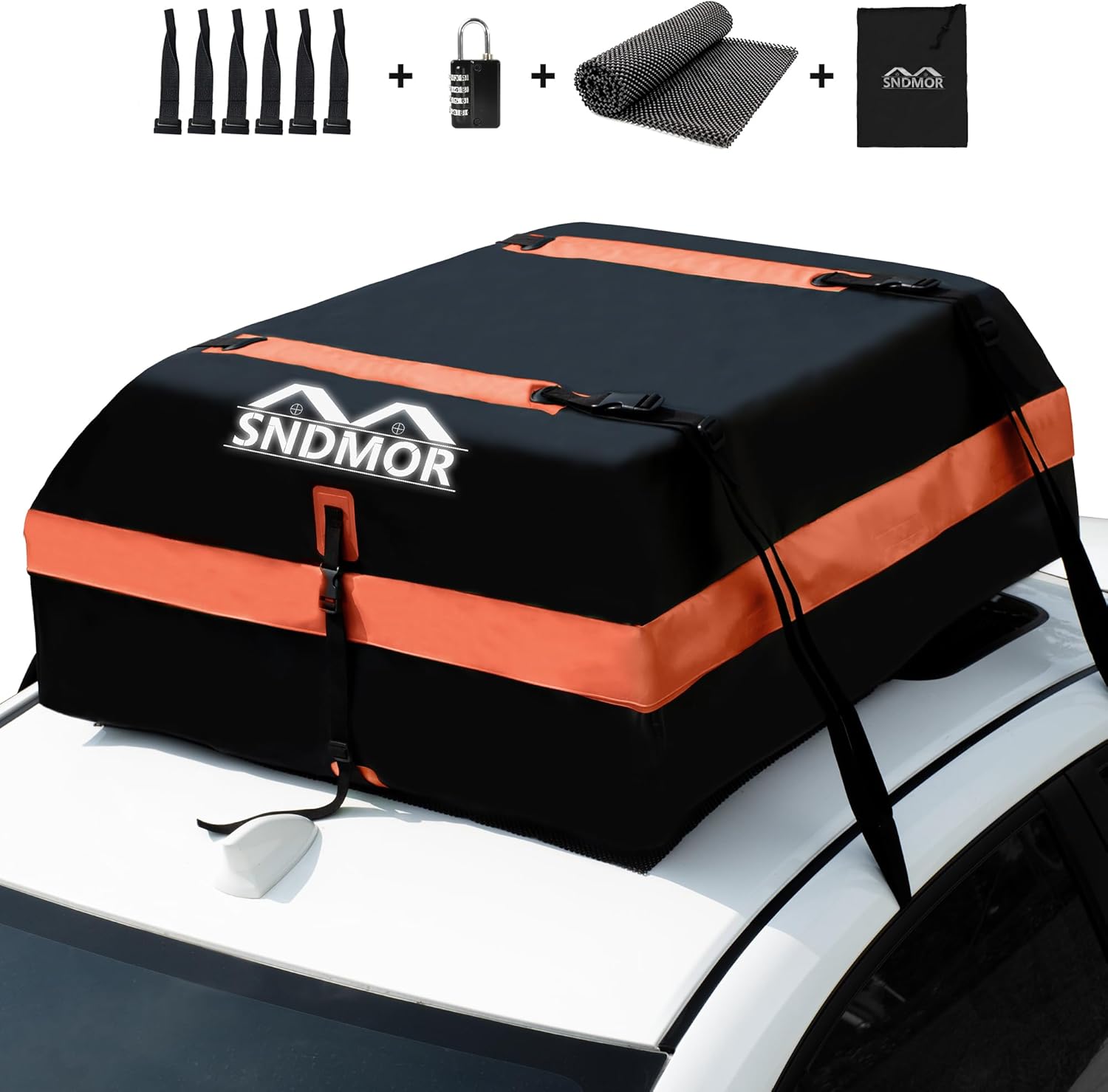 Sac de toit étanche SNDMOR 15 pieds cubes – 425L – PVC 500D résistant avec tapis antidérapant, sangles de renfort et crochets inclus, pour voiture ou SUV avec ou sans galerie – pliable, imperméable, sécurisé et facile à installer