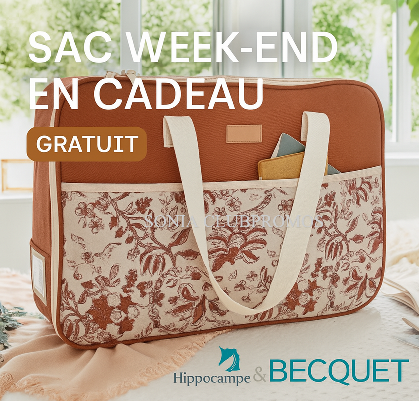 Visuel carré du sac week-end offert par Becquet en cadeau, posé sur une table avec motifs floraux, fond lumineux, texte sac week-end en cadeau, logo Hippocampe & Sonia Clubpromos – bon plan exclusif gratuit, idée shopping, cadeau textile élégant