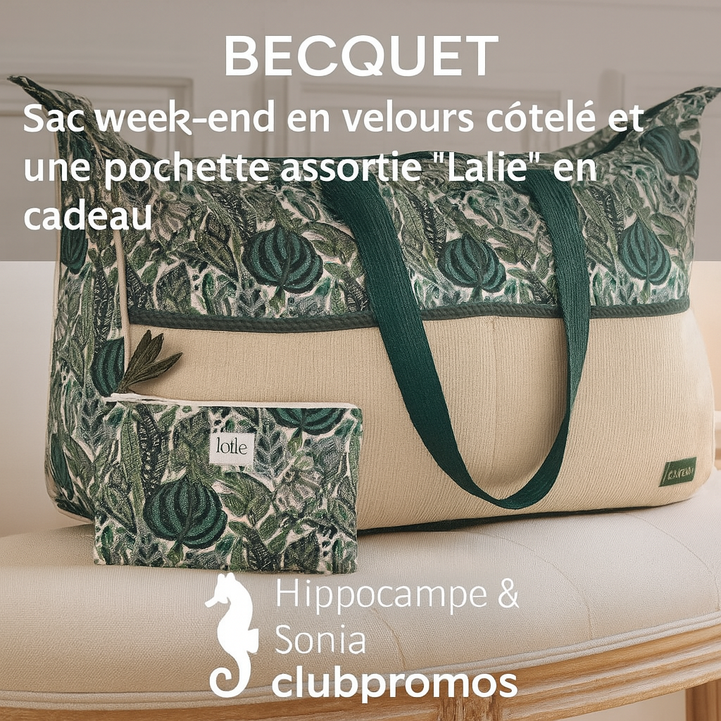 Visuel carré du sac week-end en velours côtelé beige et vert avec pochette assortie Lalie offert en cadeau par Becquet, posé sur un banc tapissé, lumière naturelle, texte promo sac week-end en cadeau avec signature Hippocampe & Sonia Clubpromos – bon plan textile élégant