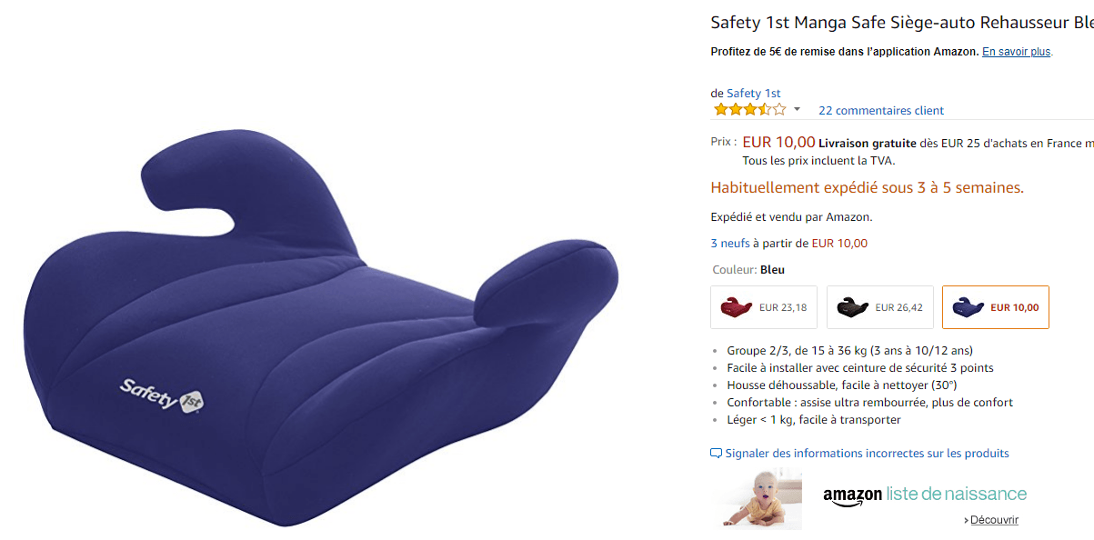 Safety 1st Manga Safe Siège auto Rehausseur Bleu Groupe 2 3  Amazon fr  Bébés   Puériculture.png
