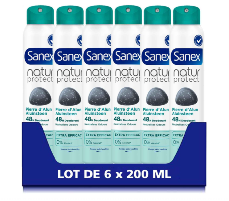 Lot de 6 déodorants spray Sanex Natur Protect Pierre d’Alun Extra Efficacy 48 h, format 6 x 200 ml, formule sans alcool éthylique, testée dermatologiquement, bon plan Amazon à 10,15€ au lieu de 25,50€.