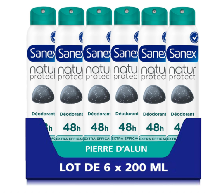 Lot de 6 déodorants spray Sanex Natur Protect Pierre d’Alun 48 h – sans alcool éthylique – 6×200 ml – déodorant anti-odeur respectant la transpiration – offre Amazon.