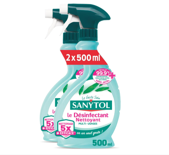 Lot de 2 sprays Sanytol désinfectant multi-usages 500 ml parfum eucalyptus – sans javel, 99,9 % d’efficacité, surfaces cuisine et salle de bain