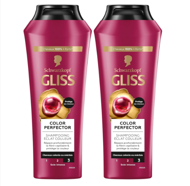 schwarzkopf-gliss-color-perfector-shampoing-cheveux-colores-2x250ml-amazon.pngLot de deux shampoings Schwarzkopf Gliss Color Perfector pour cheveux colorés et méchés, flacons de 250 ml posés sur fond salle de bain, bon plan Amazon à petit prix pour protéger l’intensité de la couleur et la brillance des cheveux.