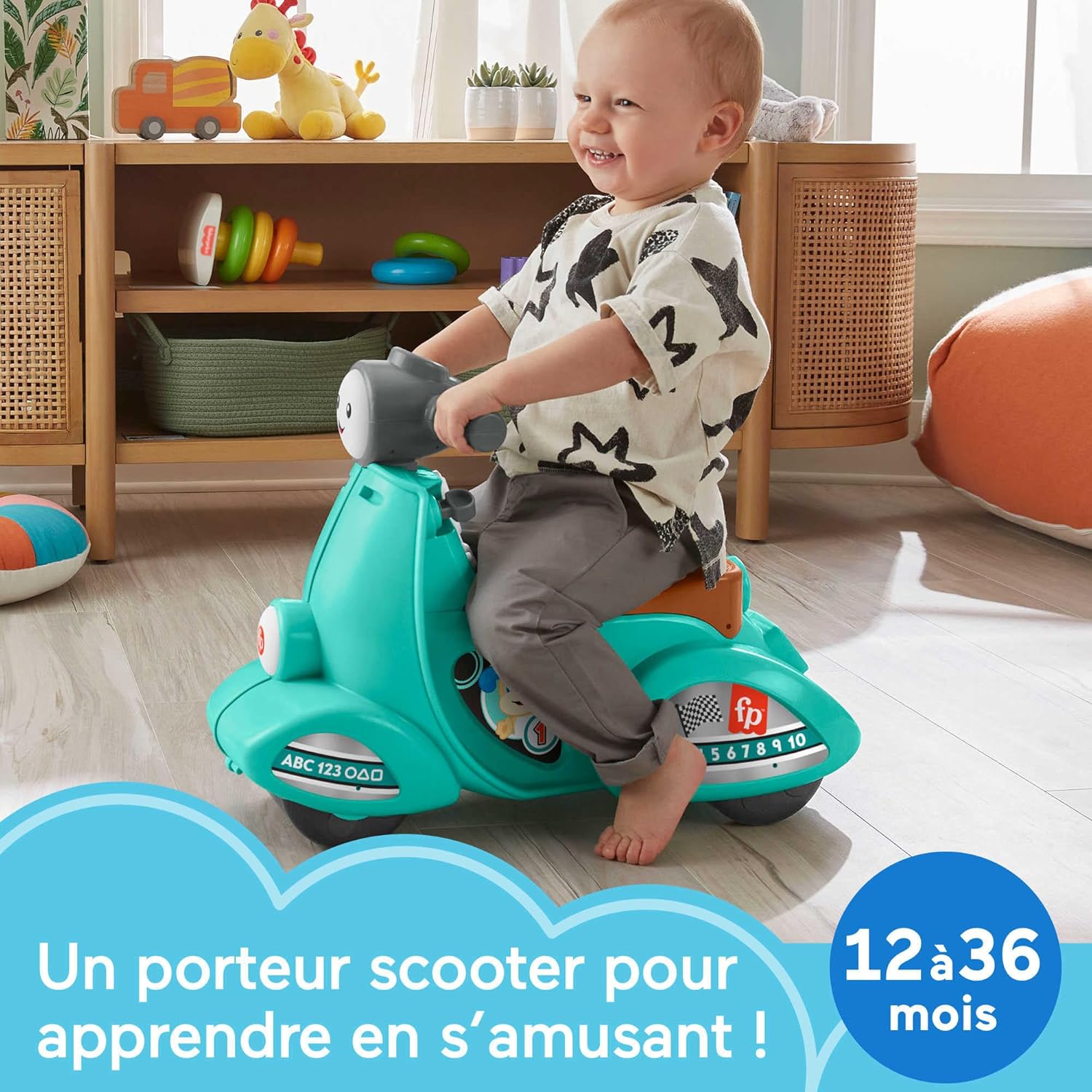: Fisher-Price Porteur Scooter Éveil Progressif, jouet éducatif pour enfant 1 à 3 ans, prix 29,99€ sur Amazon. Jeu interactif, stable et amusant pour les tout-petits.