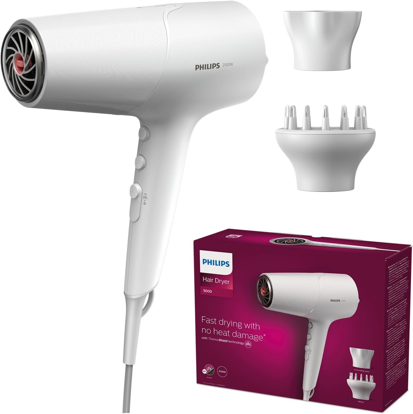 Sèche-cheveux Philips 5000 Series BHD500/20 blanc – ThermoShield, ionique, 2 100 W, avec diffuseur et concentrateur – Offre Amazon 29,99€
