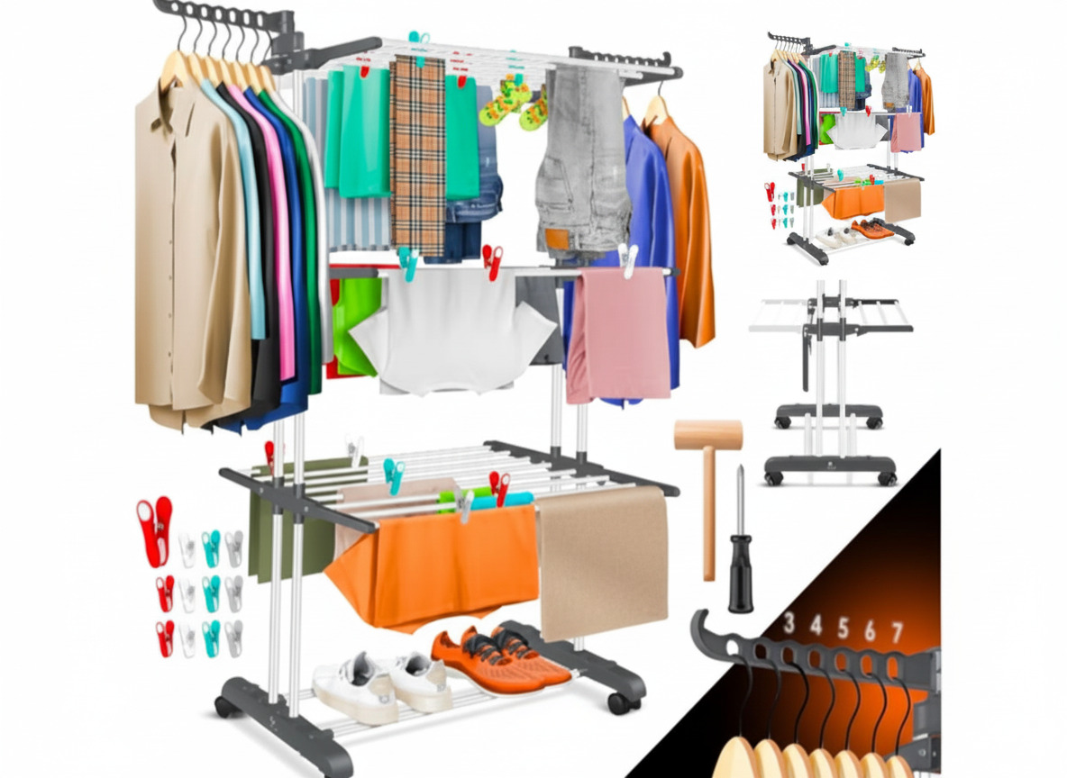 Étendoir KESSER 4 niveaux avec roulettes, ailes rabattables, jusqu’à 62 vêtements et 50 kg. Intérieur/extérieur, pliable, peu encombrant. Bon plan à saisir.