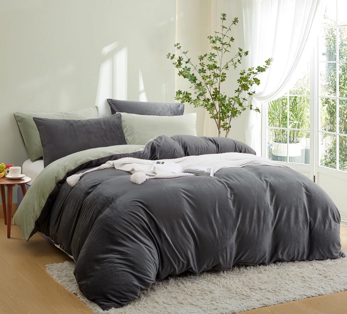 Parure de lit Sedefen, housse de couette réversible en velours 220x240 cm + 2 taies 65x65 cm, gris vert