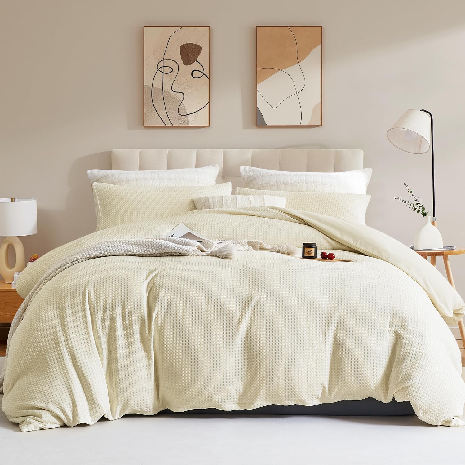 Parure de lit Sedefen housse de couette 220x240 cm avec tissage gaufré, fermeture éclair et 2 taies 65x65, microfibre douce, attaches d’angle, coloris bleu olive ou blanc