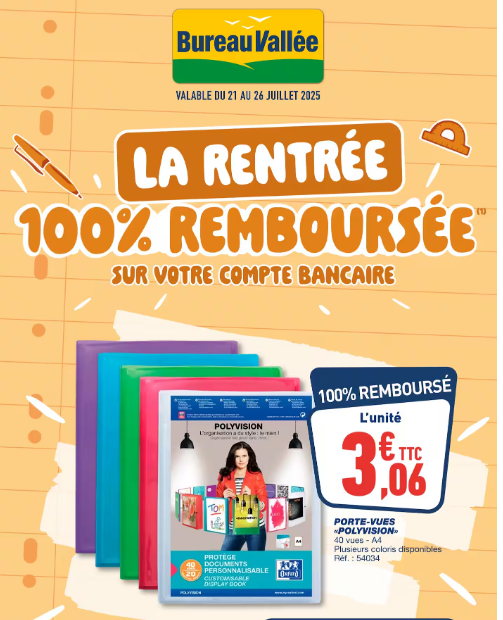 sélection rentrée scolaire Bureau Vallée 2025 avec fournitures 100 % remboursées : stylos, cahiers, chemises, sacs à dos
