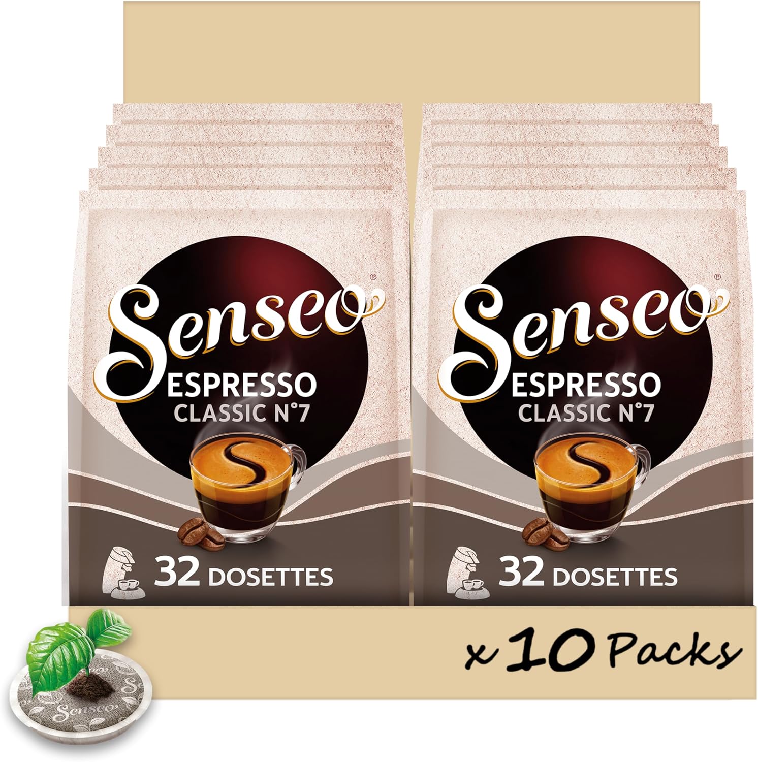 Lot de 10 paquets Senseo Espresso Classique – 32 dosettes chacun (320 au total), compatibles Senseo, dosettes compostables industriellement – Promo Amazon 42,57 €.