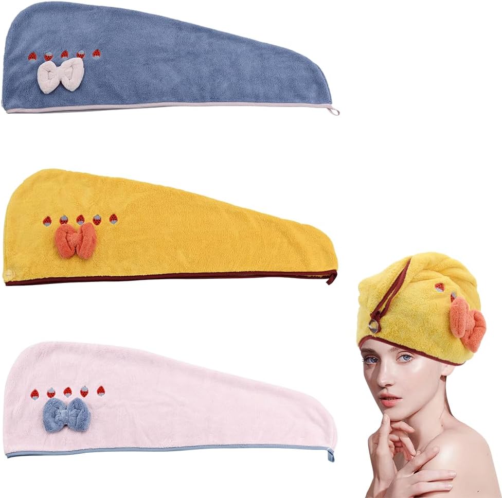 Lot de trois serviettes microfibre rose, jaune et violet pour séchage rapide des cheveux