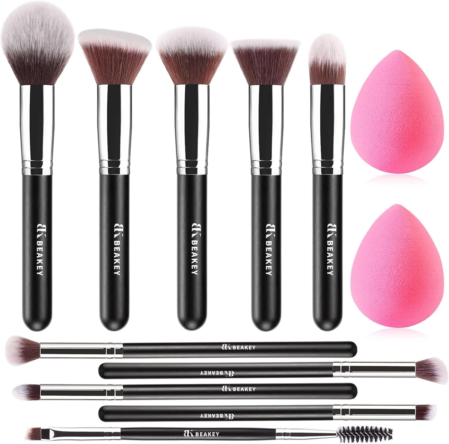 Set de 10 pinceaux maquillage professionnels BEAKEY + 2 éponges blender – poils synthétiques doux, manches bois et forme ergonomique, idéal pour le teint et les yeux